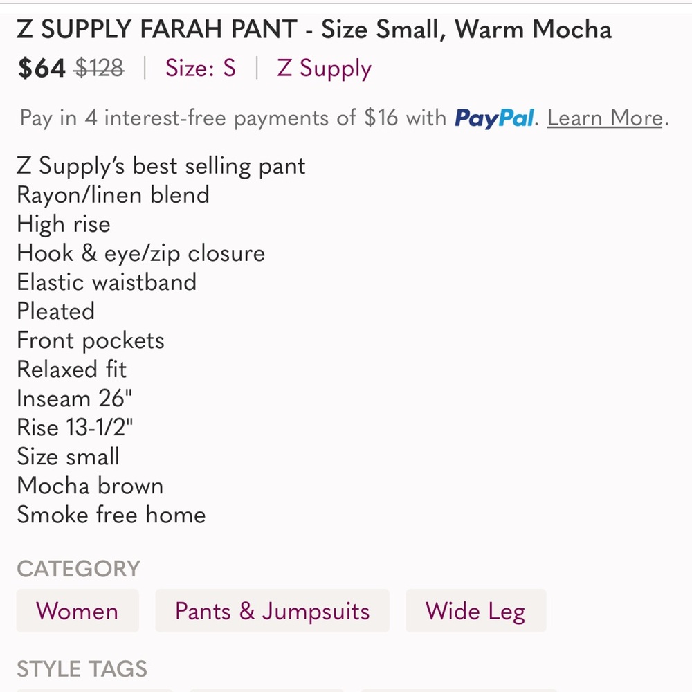 Z SUPPLY FARAH PANT - Size medium ,Warm Mocha